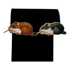 Lot of 2 Vintage WM Spear Mouse Mice Lapel Pins Brown Gray Cloisonne Enamel